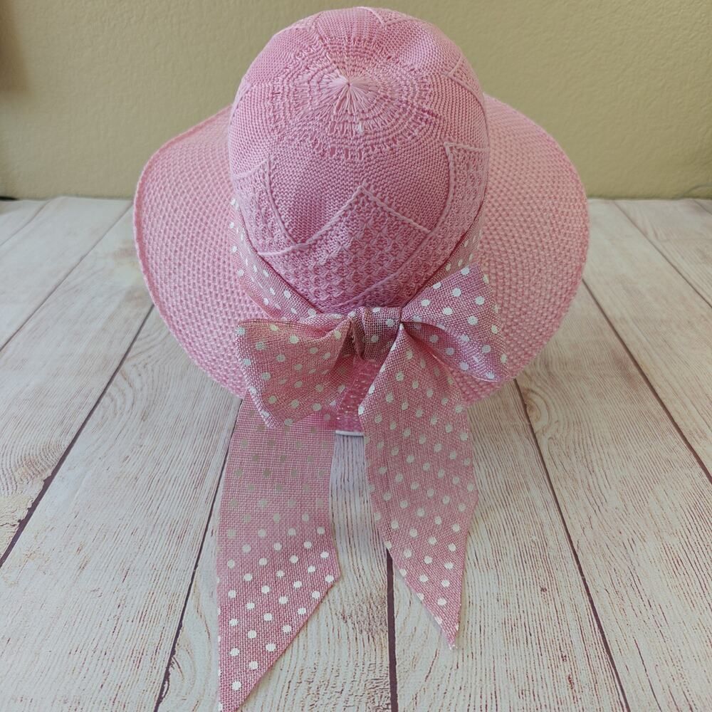 Pink wide brim polka dot band church hat straw sun hat